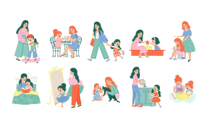 Mère et fille couleur définie Vector Illustration Concept