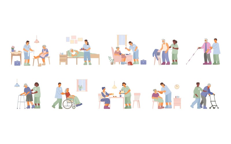Догляд за людьми похилого віку будинку медсестра доглядальниця набір плоских Векторні ілюстрації концепції