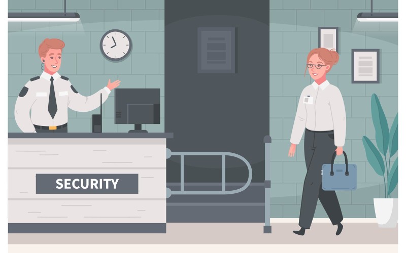 Biztonsági őr ügynökség szolgáltatás rajzfilm 2 vektoros illusztráció koncepció