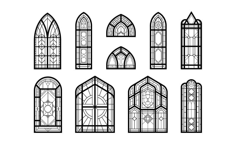 Church Windows Mosaic Black White Set Vector Illustration Concept