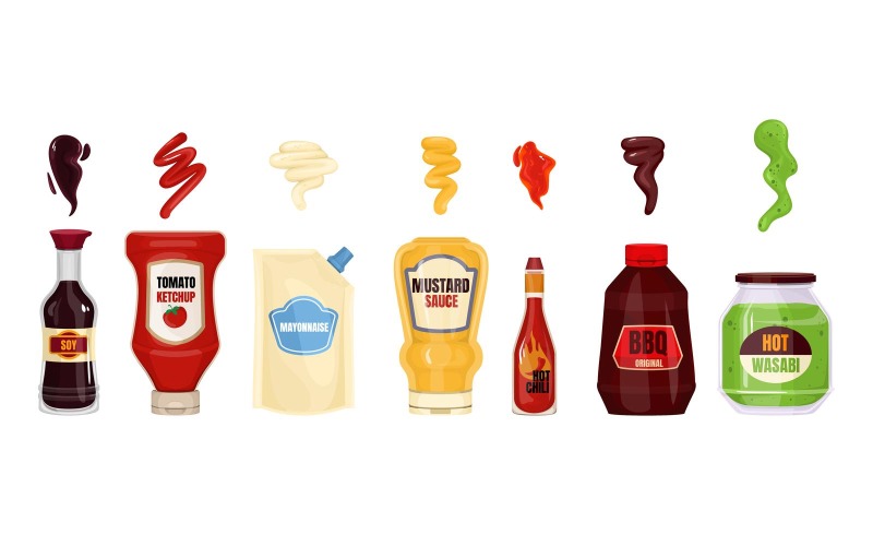 Sauce Packaging Spilled Strips Set Vector Illustration Concept