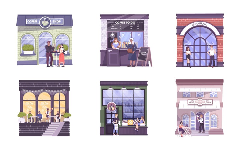 Cafe Facade Restaurant Set Flat Vector Illustration Concept