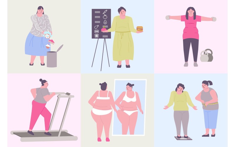 Ожирение Потеря Веса Композиция Плоские Векторные Иллюстрации Концепции
