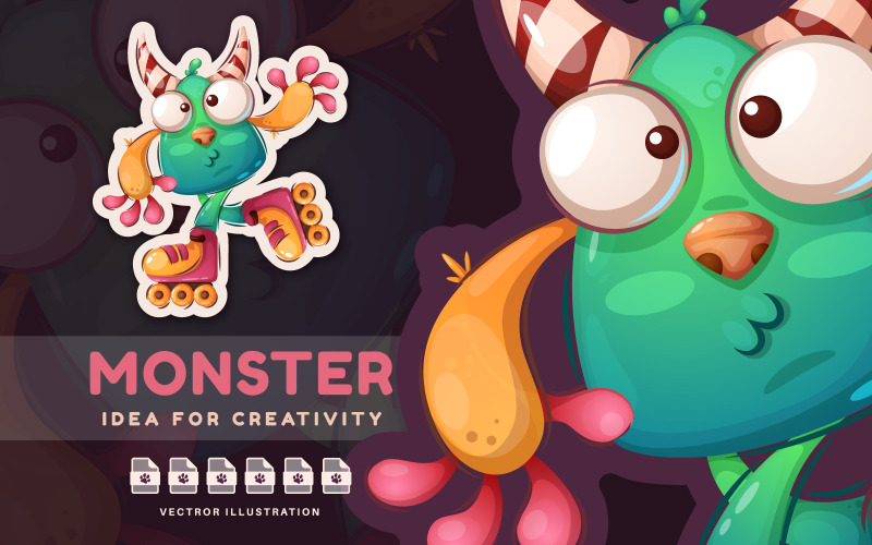 Halloween Monster rullskridsko - söt klistermärke, grafisk illustration