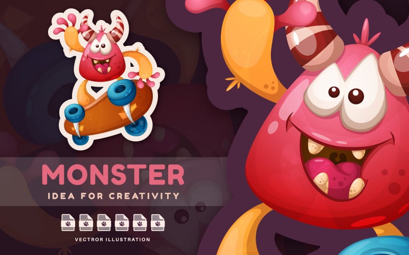 Monster Riding a Skateboard - Cute Sticker, Graphics Illustration