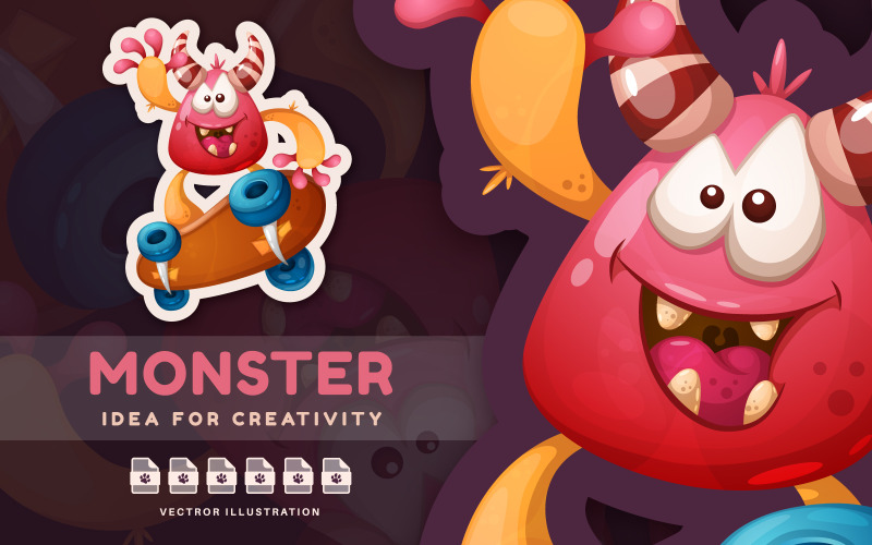 Monster som åker en skateboard - söt klistermärke, grafisk illustration