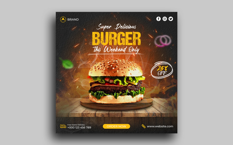 Шаблон банера Instagram Post у соцмережах для бургерів та продуктів харчування