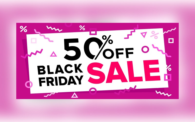 Black Friday -försäljningsbanner med 50% rabatt på lila färgbakgrundsdesign