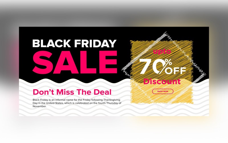Black Friday -försäljningsbanner med 70% rabatt på vit och svart bakgrundsdesign