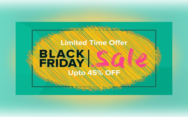 Black Friday Sale Banner with 45% Off On Yellow and Seafoam Color Background Design