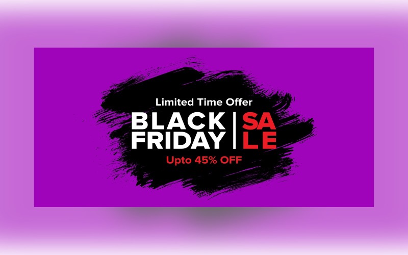 黑色星期五促销横幅，紫色和黑色设计模板可享受 45% 的折扣