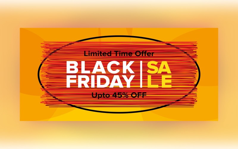 黑色星期五销售横幅，黄色和橙色背景设计可享受 45% 的折扣