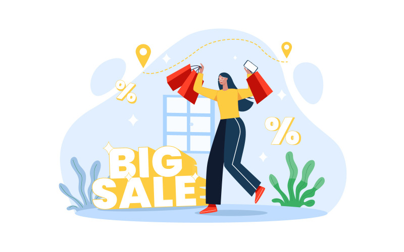 Chicas de compras de gran venta descuento tienda ilustración concepto vector