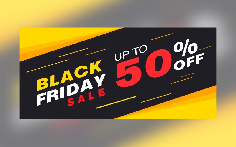 Black Friday Sale Banner met 50% korting op gele en zwarte kleur achtergrond ontwerpsjabloon