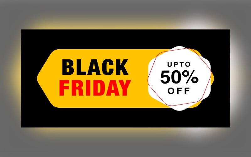 黑色星期五销售横幅，黑色和黄色背景设计模板可享受 50% 的折扣