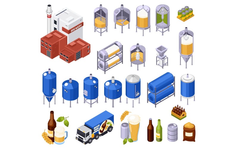 Conceito de ilustração vetorial isométrica de produção de cerveja cervejaria