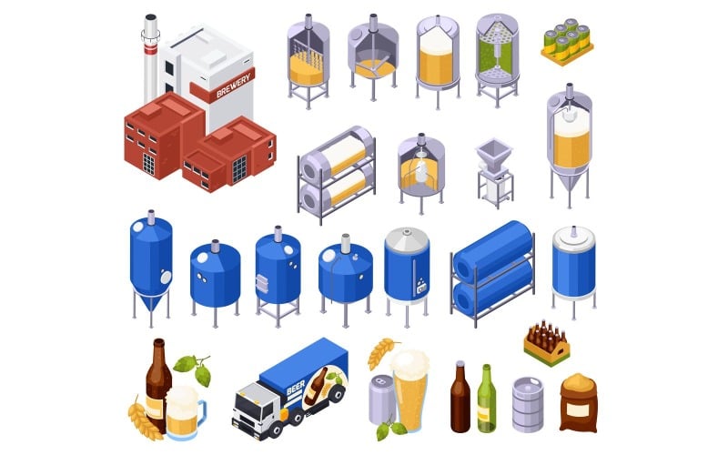 Concepto de ilustración de Vector isométrico de producción de cerveza de cervecería