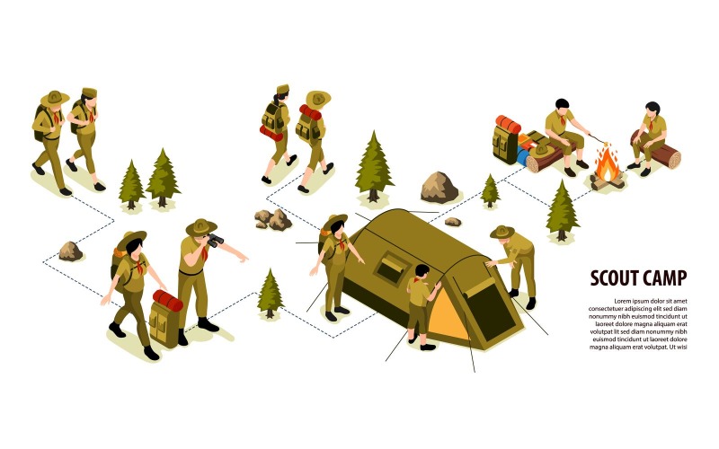 Isometric Scout Camp Infographics Vector Illustration Concept