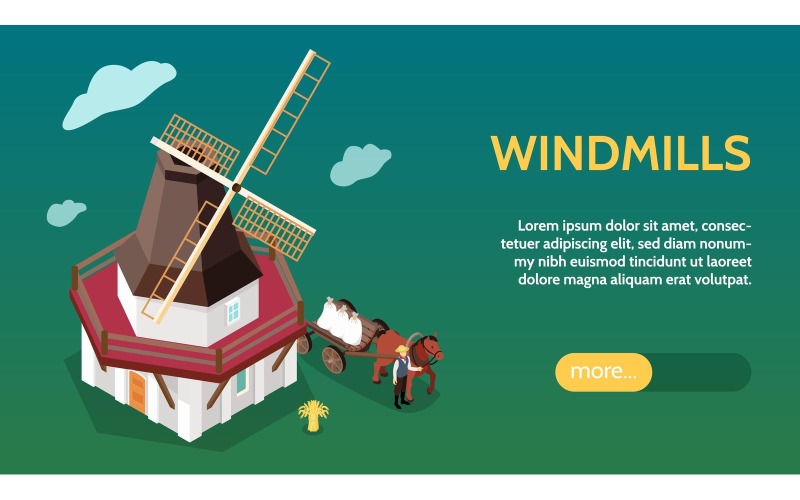 Isometrisches Windmühlen-horizontales Banner-Vektor-Illustrations-Konzept