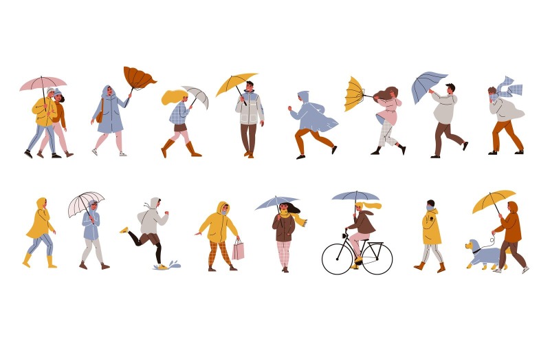 Menschen gehen Regenschirm Set Vector Illustration Concept