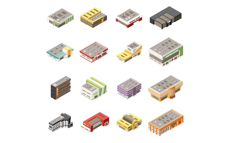 Shopping Mall Supermarket Buildings Isometric Set Vector Illustration ...