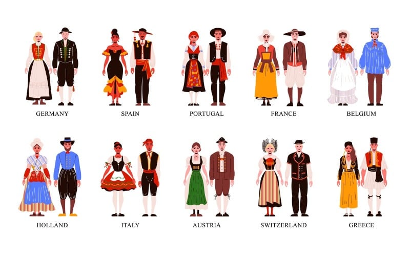 National Clothes Traditional Costume European Set Vector Illustration Concept