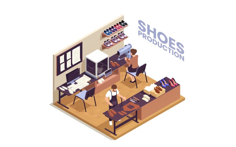 Schoeisel Fabriek Schoenen Productie Isometrische 5 Vector Illustratie Concept