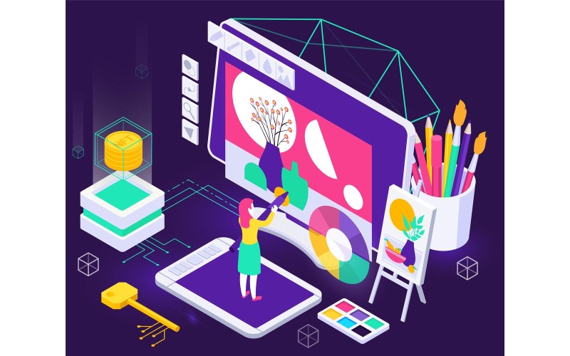 Sztuka kryptograficzna Crypto Art Nft izometryczny 3 koncepcja ilustracji wektorowych
