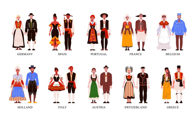Ubrania narodowe tradycyjny strój europejski zestaw ilustracji wektorowych koncepcja