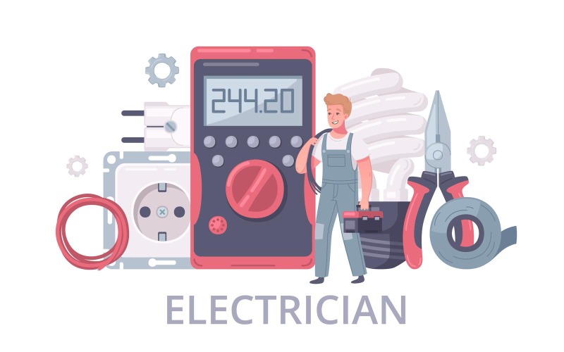 Électricien, dessin animé, composition, 3, vecteur, illustration, concept