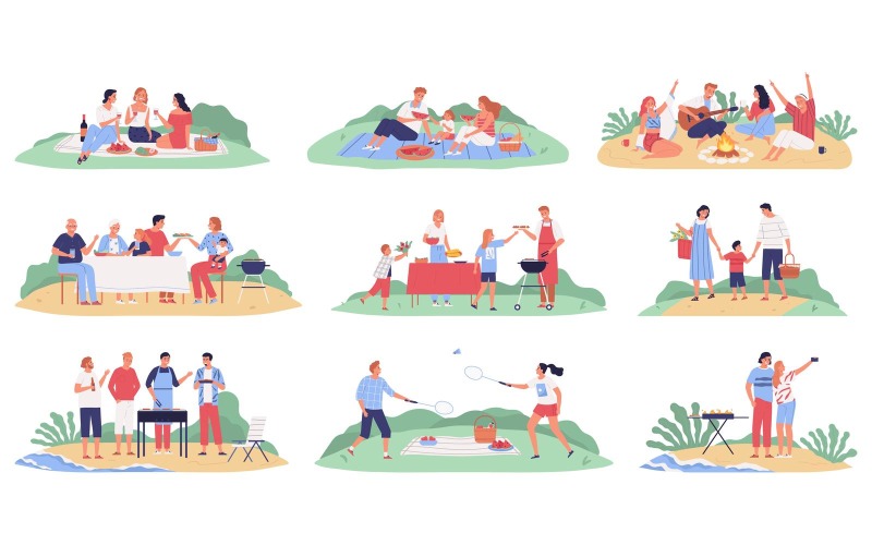 Family Bbq Barbecue Set Vector Illustration Concept