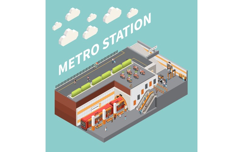 Metró földalatti metró izometrikus 7 vektoros illusztráció koncepció