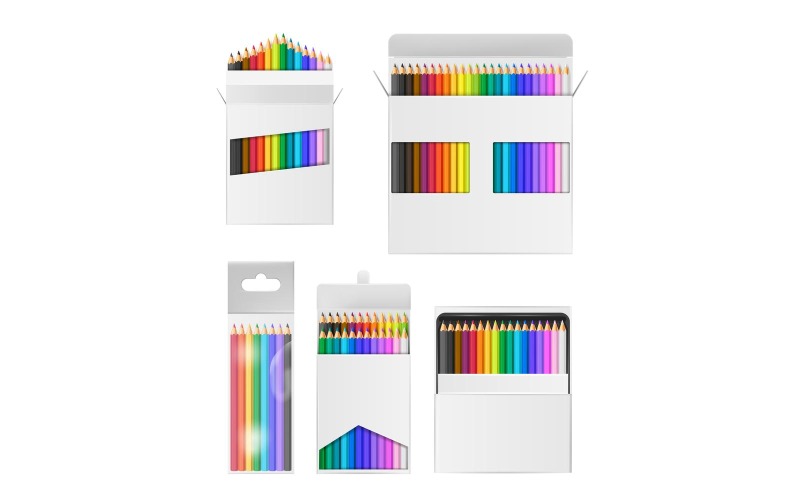 Реалистичные Цветные Карандаши Упаковка Набор Векторные Иллюстрации Концепции