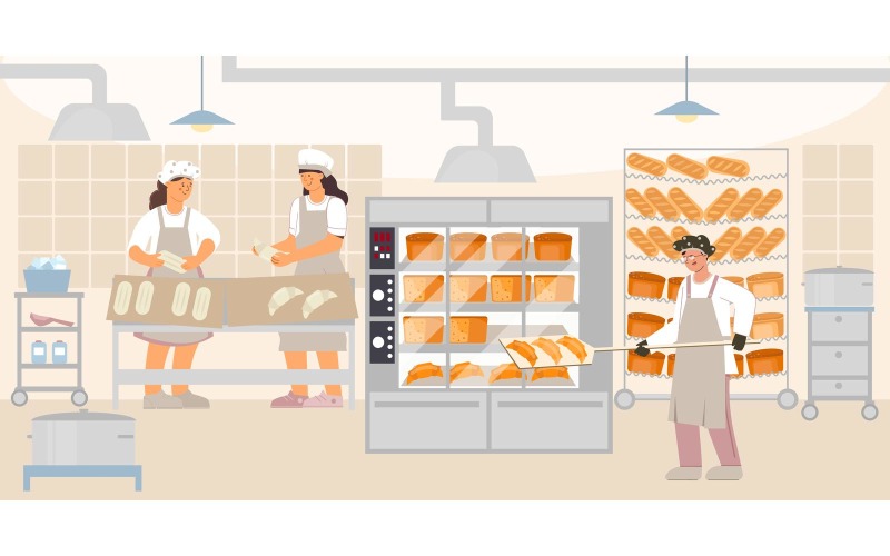 Concepto de ilustración de Vector plano de fábrica de panadería de horno