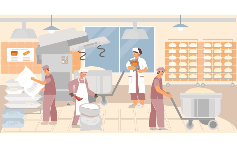 Těsto pekárna továrna ploché vektorové ilustrace koncept
