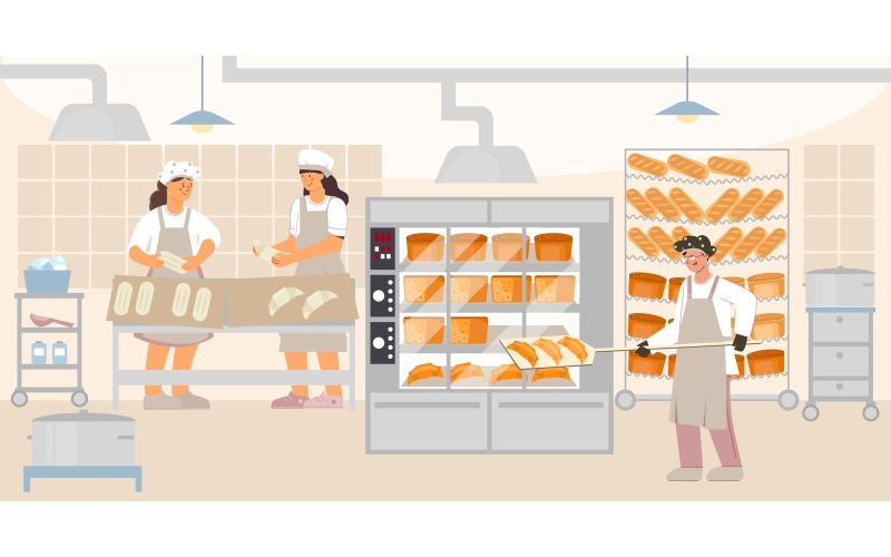 Ugn bageri fabrik platt vektor illustration koncept