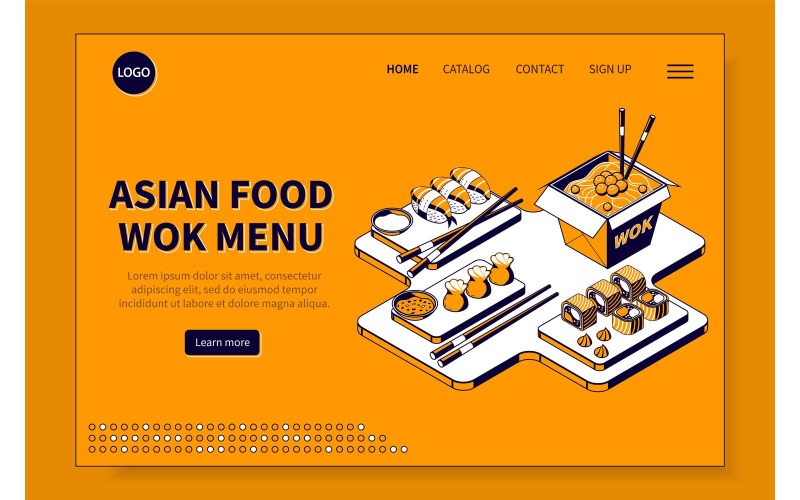 Ázsiai ételek Wok menü izometrikus webhely vektoros illusztráció koncepció