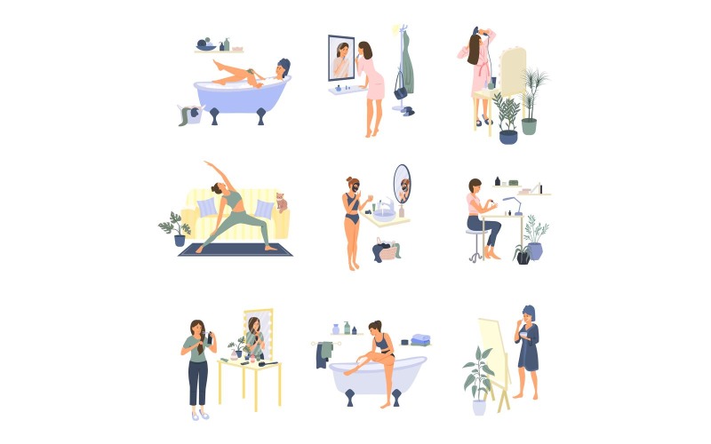 Home Beauty Routine Stay At Home Flat 2 Vector Illustration Concept