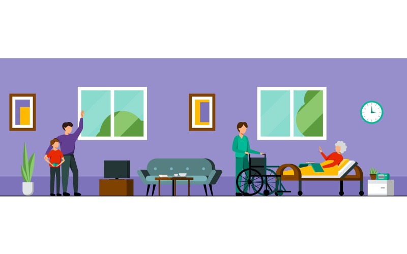 Nursing Home Characters Composition 7 Vector Illustration Concept