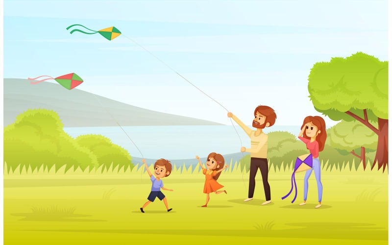 vacances en famille, dessin animé, 6, vecteur, illustration, concept