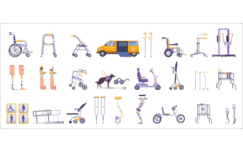 Engelli Cihazlar Hareketlilik Yardımcıları Tıbbi Düz Küme Vektör Çizim Kavramı