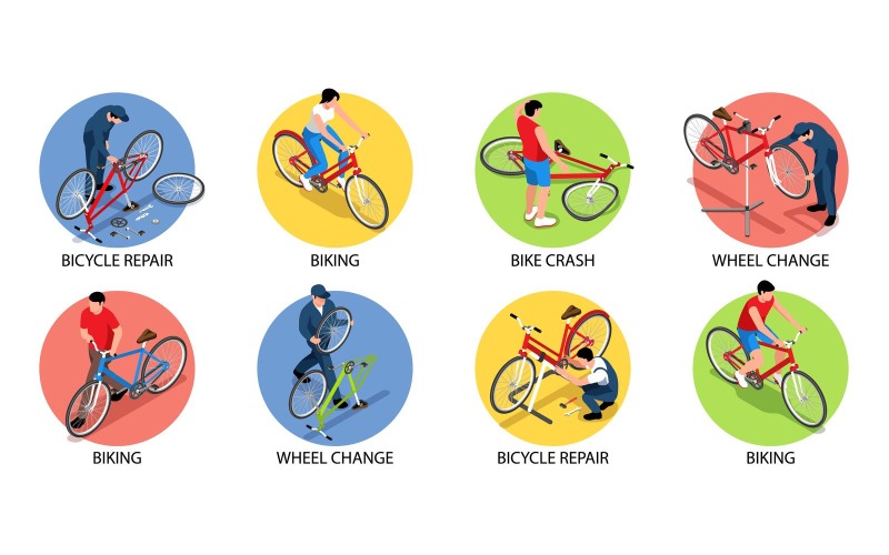 Isometrische Fahrrad-Reparatur-Zusammensetzungen-Vektor-Illustrations-Konzept