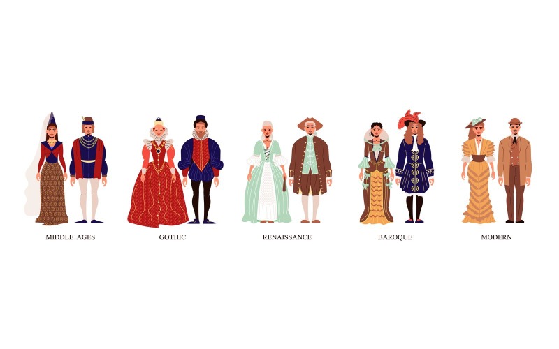 Storia della moda Costume Medioevo moderno illustrazione vettoriale Concept