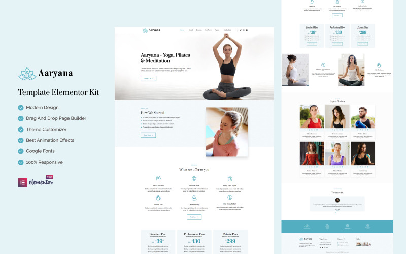 Aaryana Yoga - Готовый к использованию комплект Elementor для здоровья и фитнеса