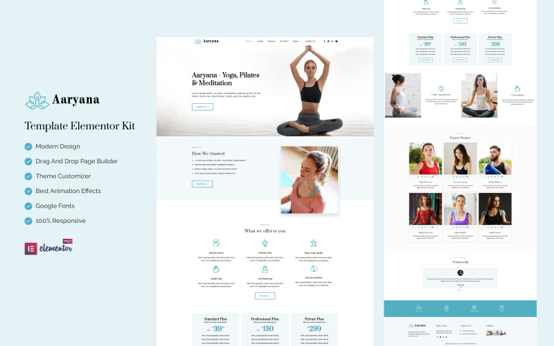 Aaryana Yoga - Kit Elementor per salute e fitness pronto all'uso