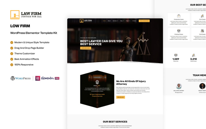Escritório de advocacia - Kit WordPress Elementor pronto para uso para advogados e advogados