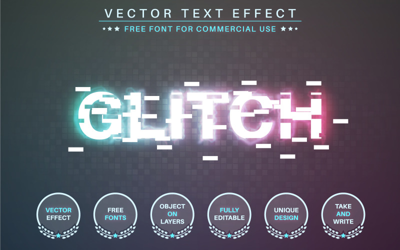 Glitch: efecto de texto editable, estilo de fuente, ilustración gráfica