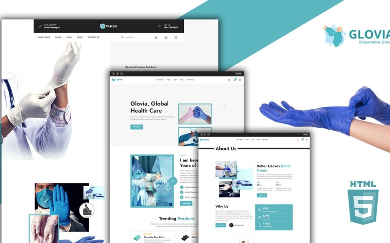 Modelo HTML5 para luvas Glovia e acessórios médicos