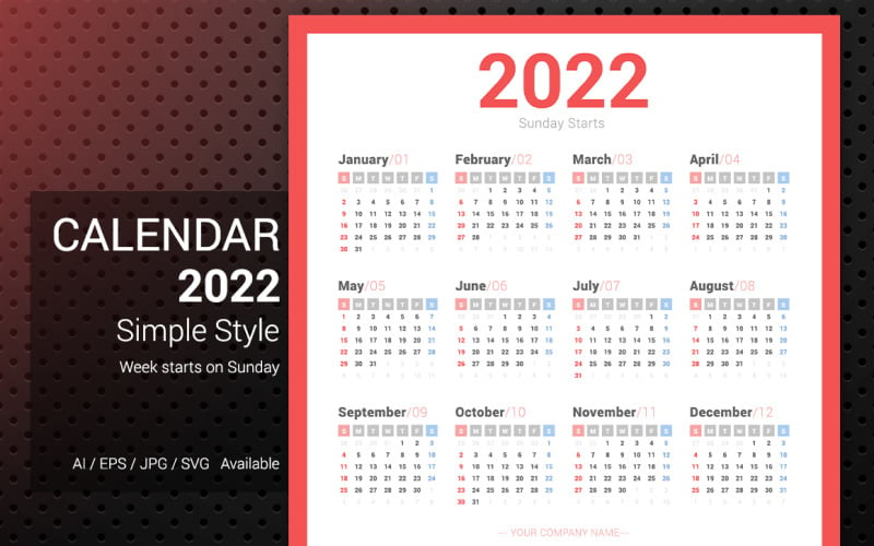 2022 Calendario semplice domenica inizia Planner