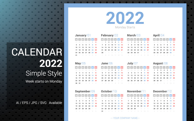 2022 Calendario semplice lunedì inizia Planner